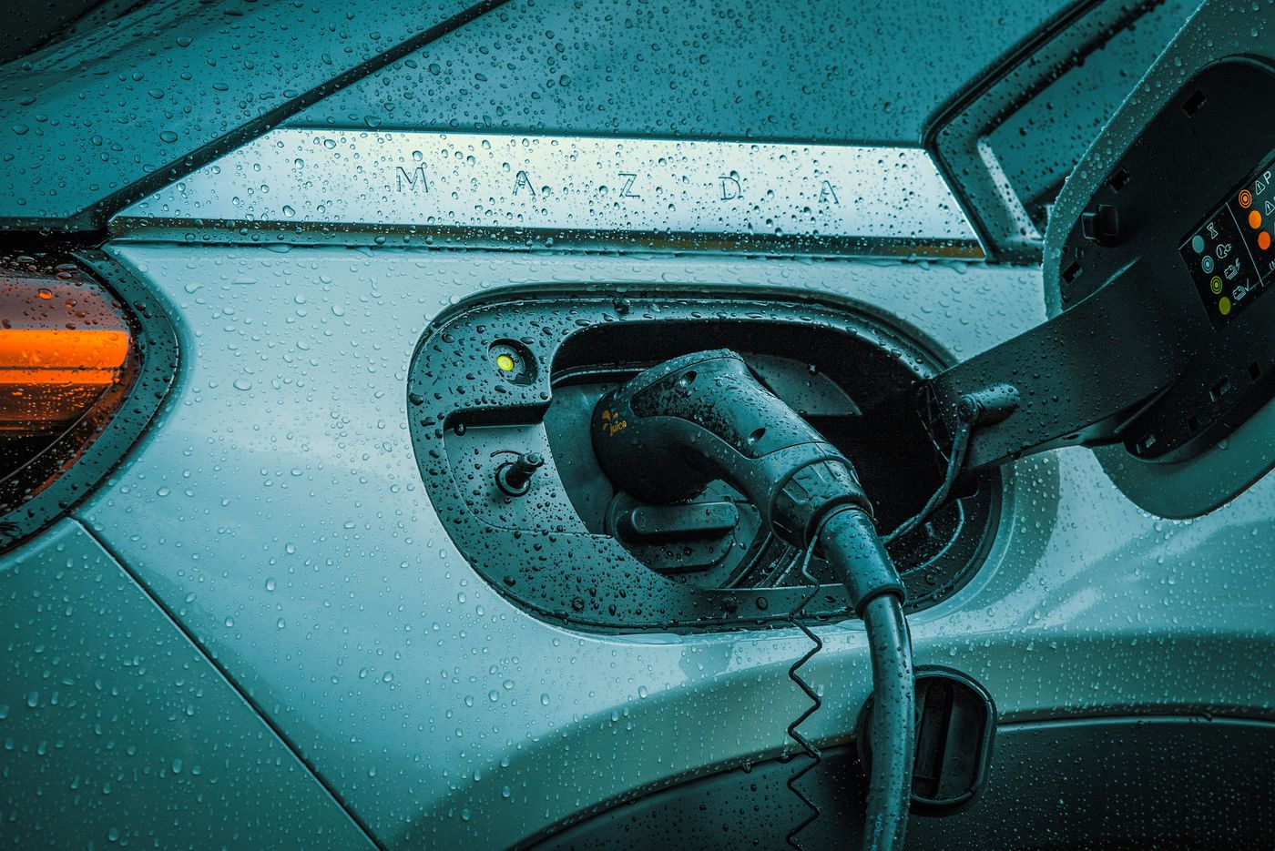EV charging port during a mobile wash by DOS I BROS in Winston-Salem, NC